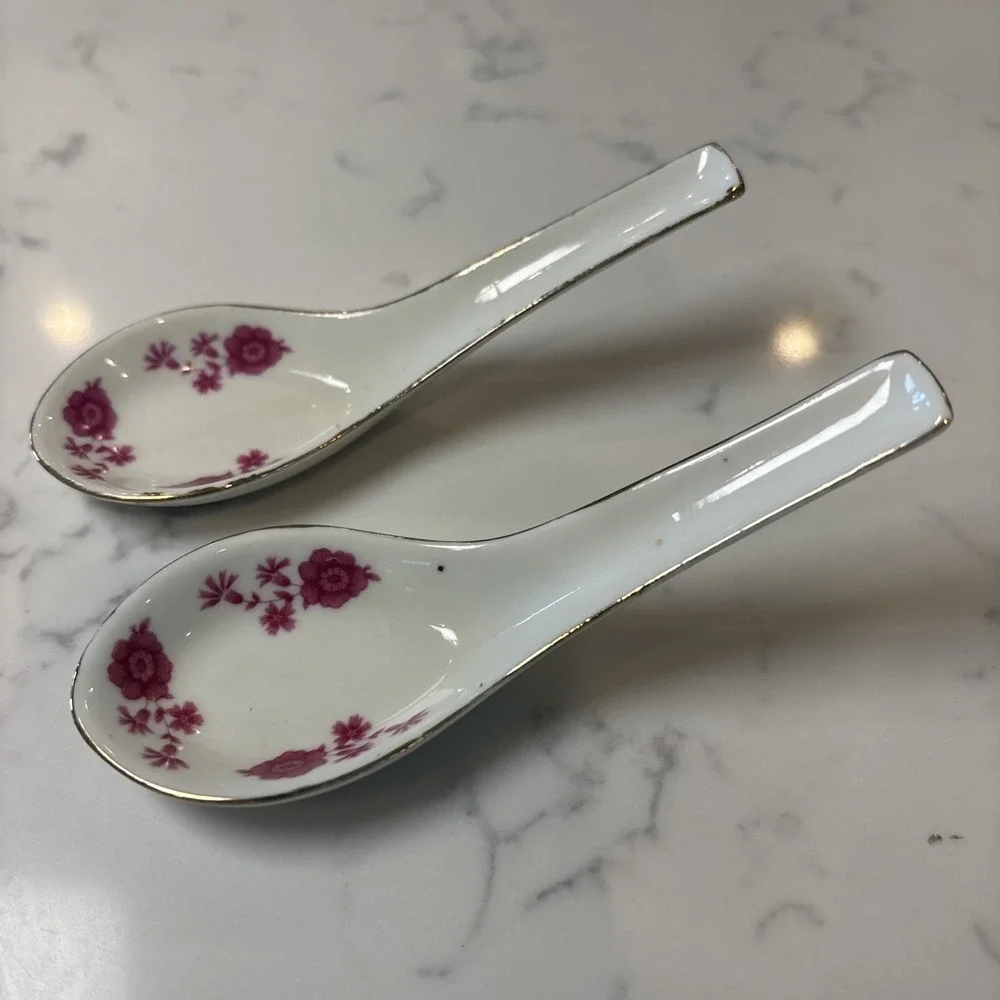 VTG Chinese Porcelain Spoons‎ Pink Roses Floral Gold Edging  5